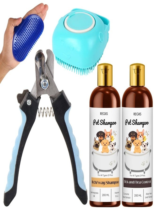 مجموعة العناية بالحيوانات الأليفة من ريجيس مع فرشاة تدليك، مقص أظافر، شامبو لمكافحة القراد والبراغيث، 200 مل، لجميع أنواع الكلاب (عبوة من 5 قطع) - Image 1